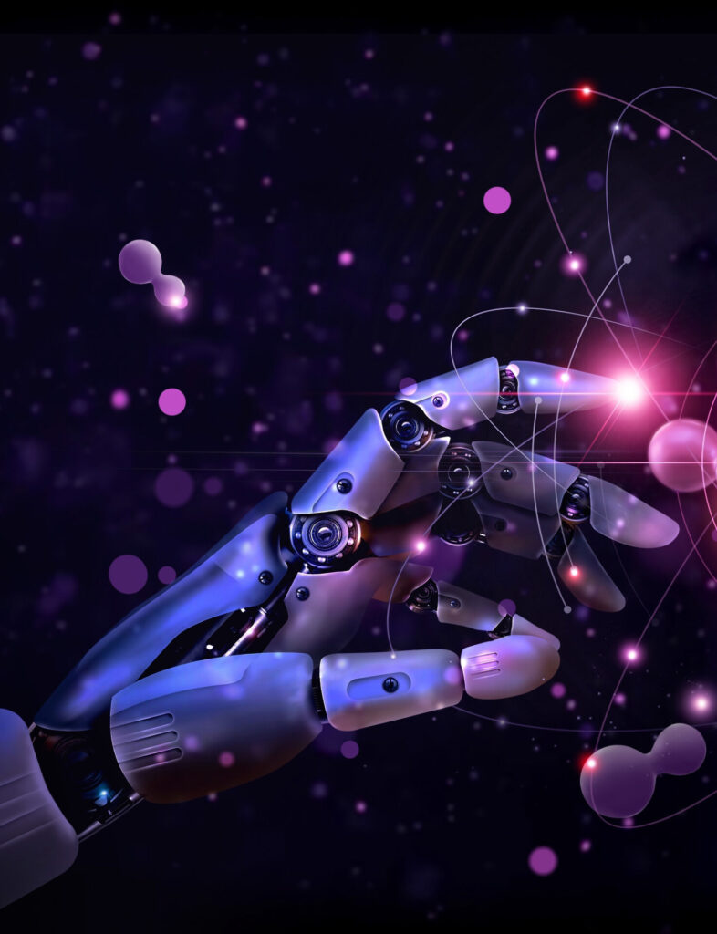 Science, AI, Machine learning, Hands of robot and human touching on big data network connection, Artificial intelligence technology, innovation for futuristic. Purple tone.